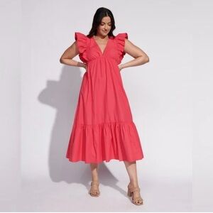 Abercrombie & Fitch Flutter Sleeve Poplin Midaxi Dress Dark Pink Coral Sz XS